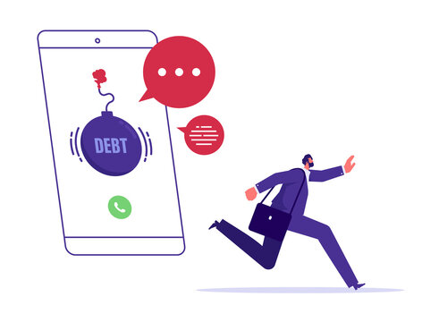 Debt payment notification via phone call concept, attempt to default on personal debt, loan, or mortgage, depressed businessman running away from incoming call with ignited debt bomb