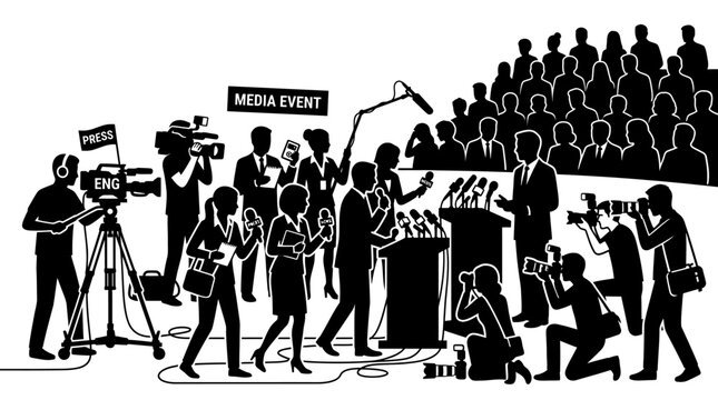 Black and white silhouette illustration of a press conference with journalists and cameras.
