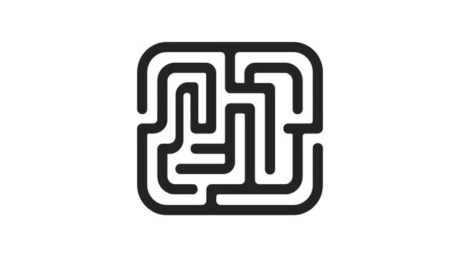 A simple black and white square maze icon isolated on a white background.
