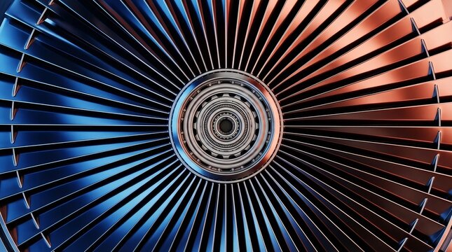 Closeup view of a turbine engines fan blades and central hub