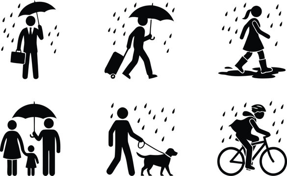 Silhouettes Of People With Umbrellas Walking In The Rain On A White Background adult ambulation autumn black and white