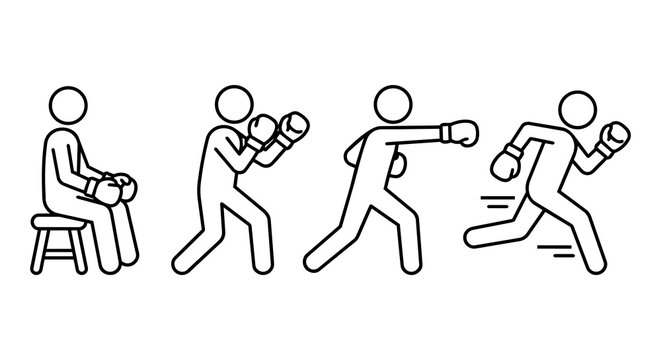 Boxing fight and strategic retreat concept, stick figure overcoming challenge sports vector illustration set