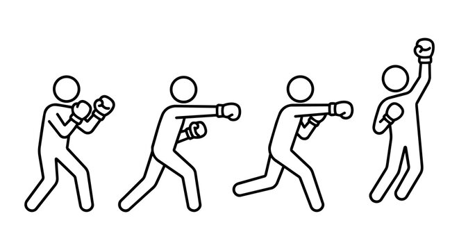 Boxing fight and overcoming challenge concept, stick figure victory punch sports vector illustration set