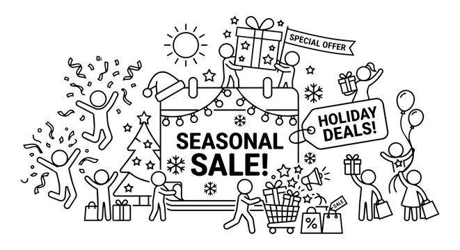 Seasonal sale and holiday deals concept, stick figure Christmas shopping and winter promotion vector illustration