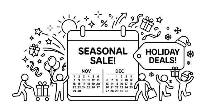 Seasonal sale and holiday deals concept, stick figure Christmas shopping and winter promotion vector illustration