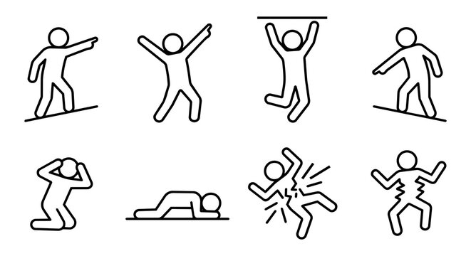 Stick Figure Action Line Icons Set. Success, Failure, Crisis, Stress, and Physical Pain Body Language Concepts.