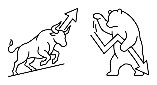 Bull and bear market line icon set. Stock market trend financial concept with bull pushing up arrow and bear crashing down graph.