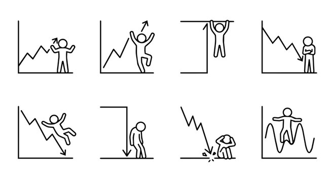 Stock market trend icon set with stick figure business people. Financial graph fluctuations, bull and bear profit or loss concept.