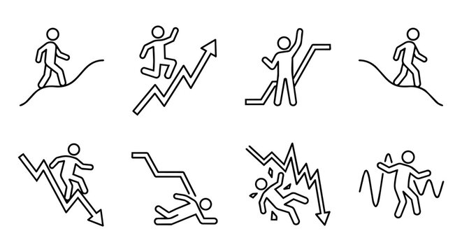 Stock market trend icon set with stick figure business people. Financial graph fluctuations, bull and bear profit or loss concept.