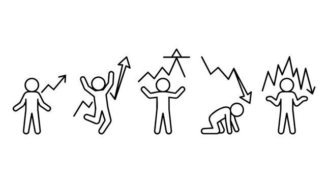 Stock market trend icon set with stick figure business people. Financial graph fluctuations, bull and bear profit or loss concept.