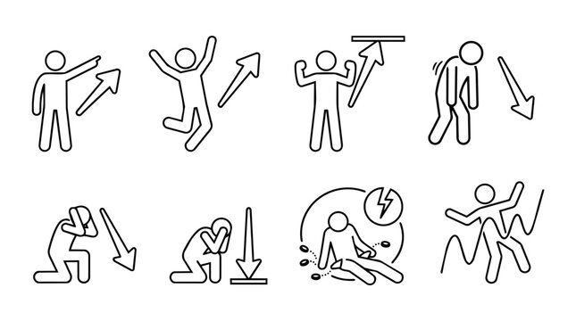 Stick figure business people icon set. Financial success and failure, stock market trend graph, profit and crash emotional reactions concept.
