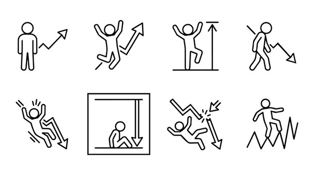 Stick figure business people icon set. Financial success and failure, stock market trend graph, profit and crash emotional reactions concept.