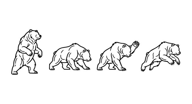 Bear market line icon set. Financial crash economy trend concept, minimalist grizzly bear walking and attacking vector illustration.