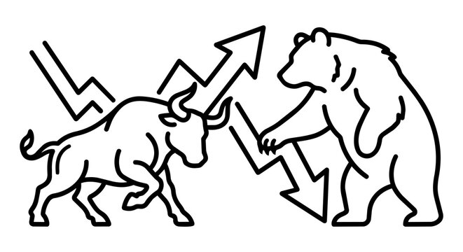 Bull and bear market line icon set. Stock market trend financial concept with bull pushing up arrow and bear crashing down graph.