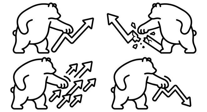 Bear market line icon set. Financial crash economy trend concept, minimalist grizzly bear walking and attacking vector illustration.
