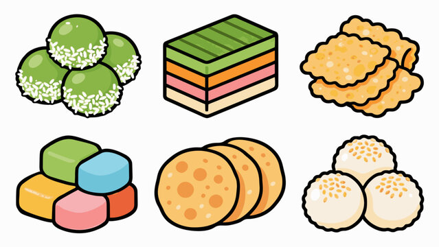 Indonesian Traditional Snacks and Cute Market Cakes Vector Icon Set