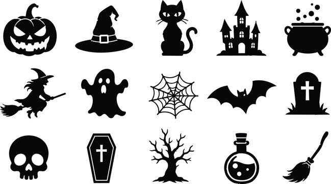 Halloween icons set including pumpkin witch cat castle pot broom ghost spider web bat tombstone skull coffin tree potion and more