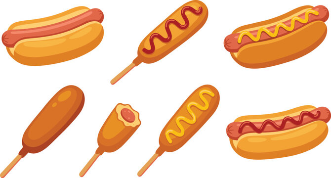 American fast food collection featuring traditional hot dogs with mustard and ketchup toppings alongside crispy fried corn dogs, vector