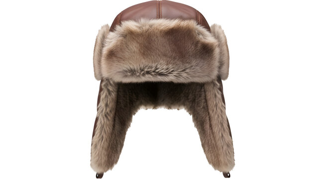 Brown leather trapper hat with soft faux fur lining isolated on a clean plain white background studio