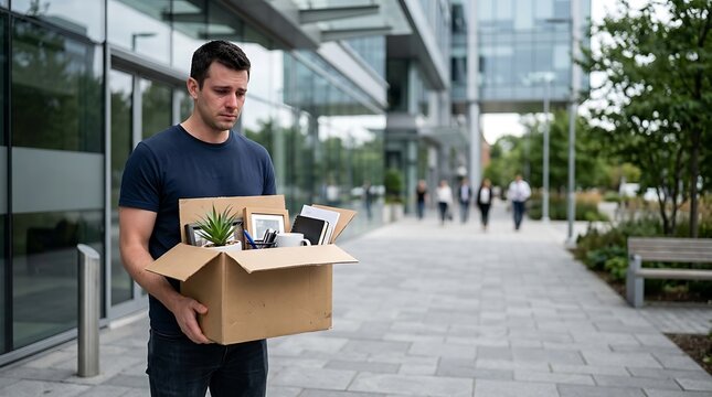 Depressed professional man standing outside office building holding cardboard box after losing job and experiencing unexpected unemployment career setback