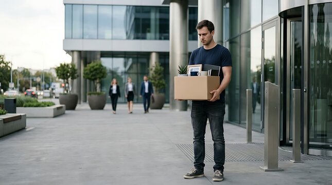 Young man standing outside office building holding a cardboard box after getting fired or quitting his corporate job