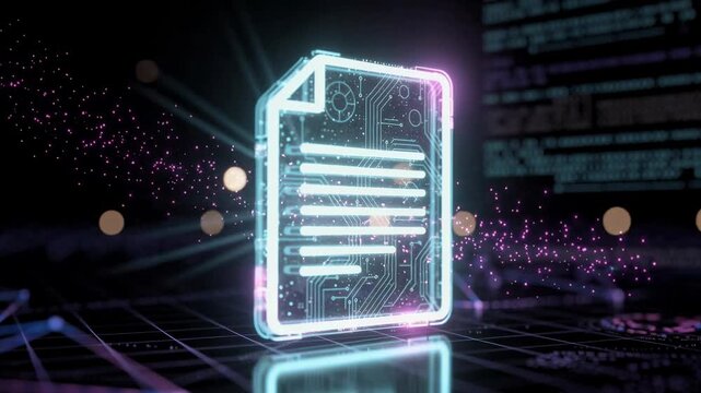 Glowing digital file icon floating in futuristic cyber grid environment technology background