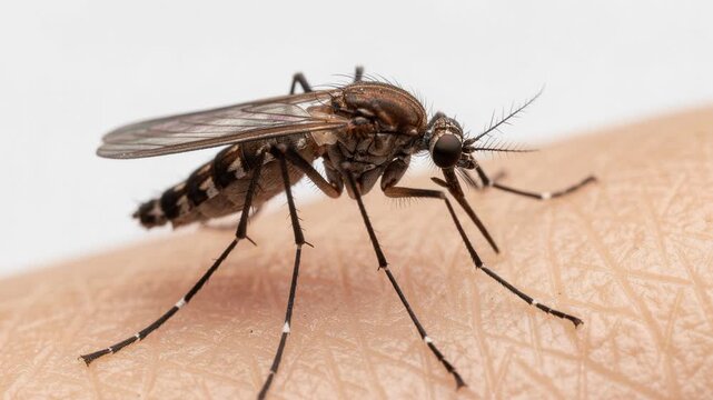 Close up of a mosquito resting on human skin showing detailed insect features and natural texture