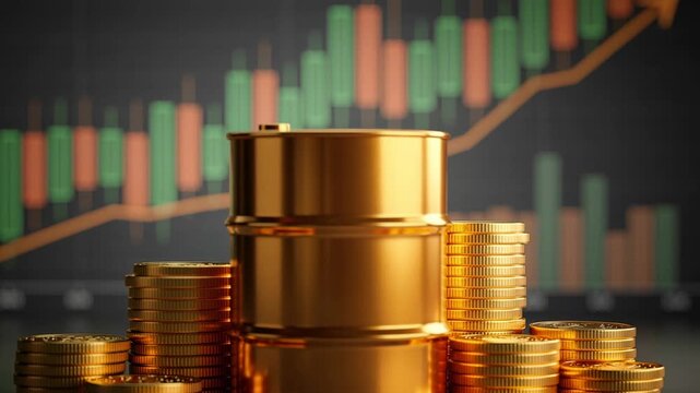 Shiny golden oil barrel with stacks of coins and rising stock market graph for financial growth