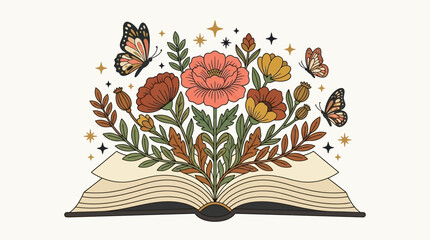open book with blooming flowers and vibrant butterflies flying symbolizing imagination education and the magic of storytelling and knowledge. © Pupun