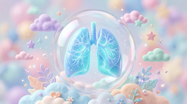 Fresh Air Supporting Healthy Lungs and Oxygen Flow, Stylized human lungs inside a protective bubble surrounded by clouds and stars in pastel colors.
