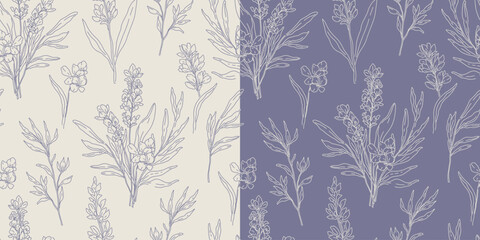 Elegant background with a seamless pattern of line art lavender flowers. Vector illustration © Victory