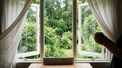 Fototapeta premium Fresh Air Supporting Healthy Lungs and Oxygen Flow, Open window with sheer curtains overlooking a green garden and a hand holding a cup nearby.