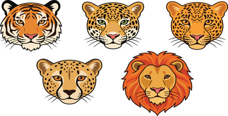 Wild predator animal mascot logo set featuring fierce big cat heads including tiger lion leopard jaguar and cheetah face illustrations, vector © Mijanur