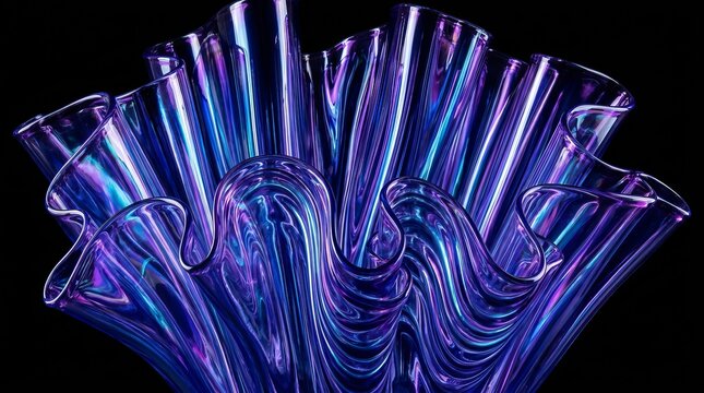 Vibrant purple glass vases with wavy shapes on black background