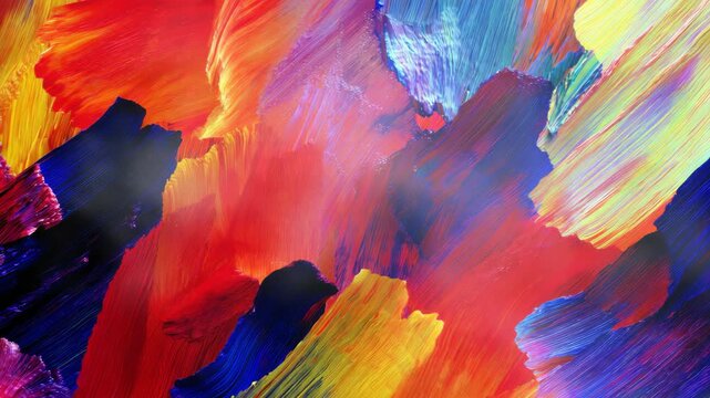Vibrant brushstrokes swirl in bold, abstract colors. Red, yellow, blue, and black blend dynamically across canvas. Texture feels alive with energy and movement. Artwork radiates passion through vivid