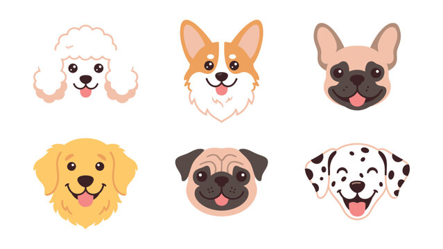 Cartoon dog breeds faces with happy expressions on white background