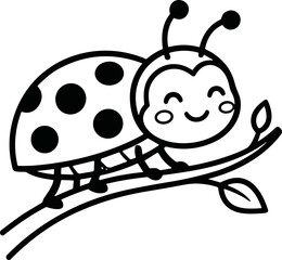 Cute ladybug cartoon character on a branch, simple line art, black and white © hilda
