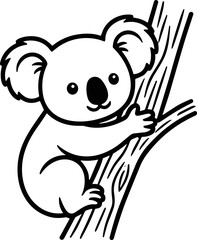 Cute cartoon koala bear climbing tree, simple line art, black and white illustration © hilda