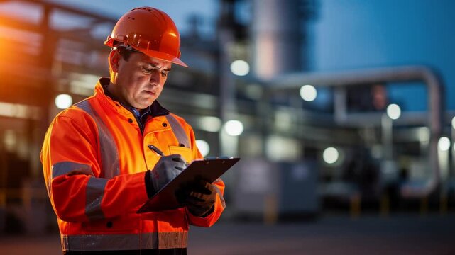 Safety inspector in bright orange jacket and helmet documenting work at construction site