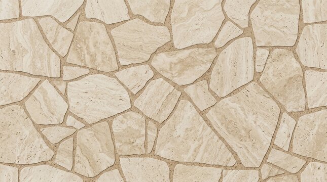 Irregular beige travertine stone wall texture background, natural flagstone paving pattern, crazy paving exterior cladding