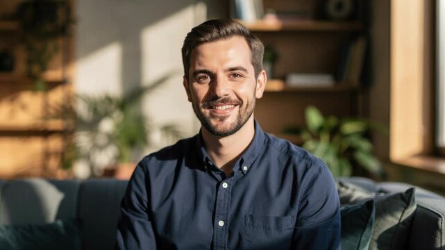 Confident man in navy shirt smiling warmly sitting on couch in bright sunlit living room