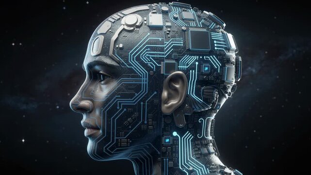 Seamless transformation from human brain to futuristic robotic circuitry glowing with advanced technology