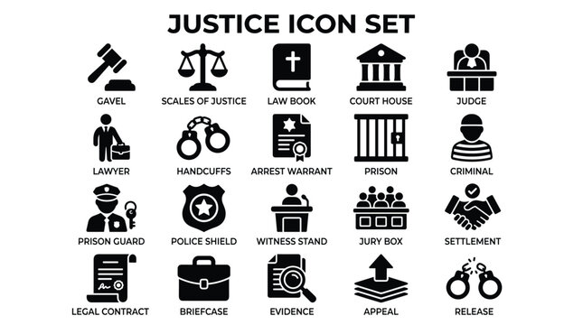 Justice and legal system icon set featuring courtroom symbols like gavel scales of justice law books handcuffs police shield witness stand and prison elements.
