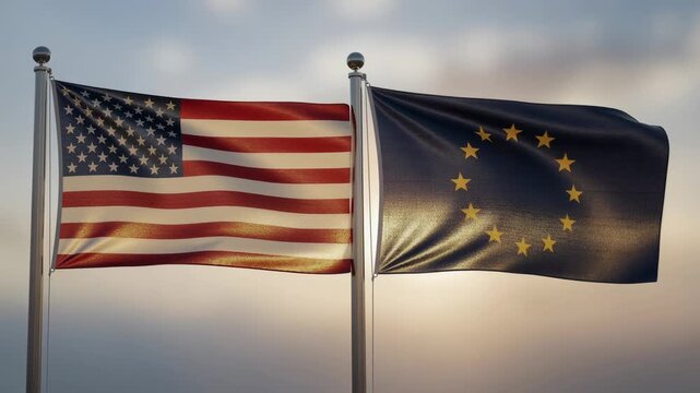 Two flags USA and European Union flutter side by side in a gentle breeze outdoor