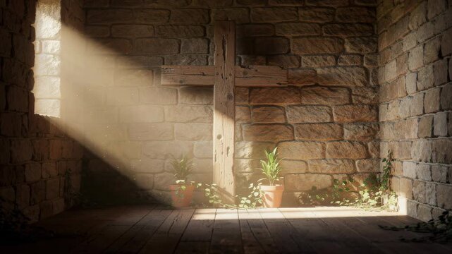 Sunlight streaming through a stone window illuminating a rustic wooden cross in a serene spiritual setting