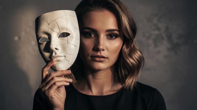 A woman slowly lifts a cracked white mask from her face revealing her true emotional expression and inner self