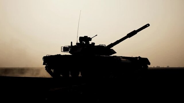 Tank moving stealthily across dusty battlefield at dusk with bold silhouette and dramatic lighting
