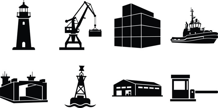 Vector silhouettes of port and harbor infrastructure including lighthouse, crane, tugboat, buoy, warehouse, dock, and checkpoint gate