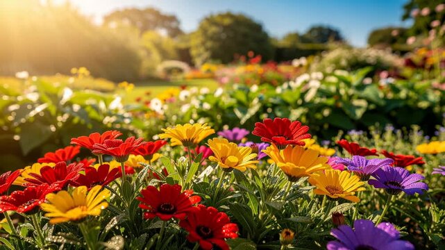 Vibrant garden bursting with colorful red yellow and purple flowers gently swaying in breeze