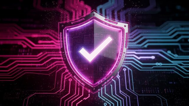 Glowing shield with checkmark pulses neon lights on digital circuit board security technology concept